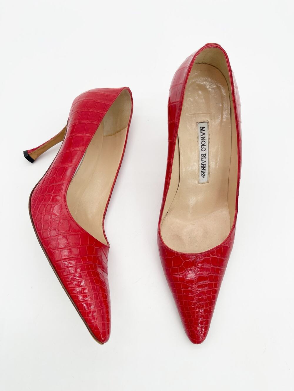Manolo Blahnik Vintage Red Alligator Leather Pointed Toe Pumps Heels IT 38